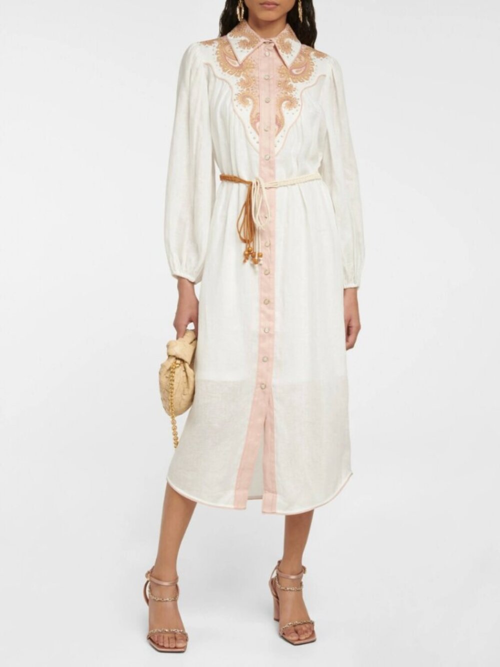 Zimmermann White & Pink Laurel Embroidered Linen Shirt Dress